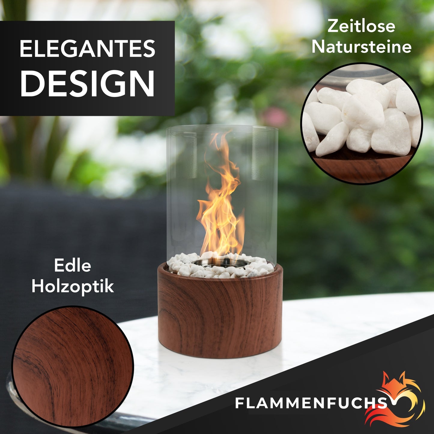einzigartiger Tischkamin in edler Holzoptik von Flammenfuchs